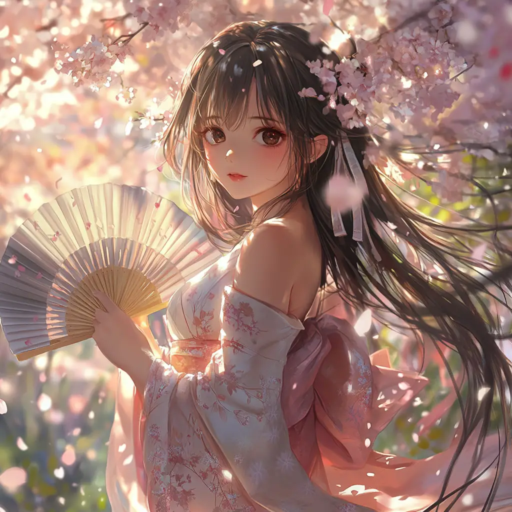 Anime girl in a cherry blossom garden with falling petals