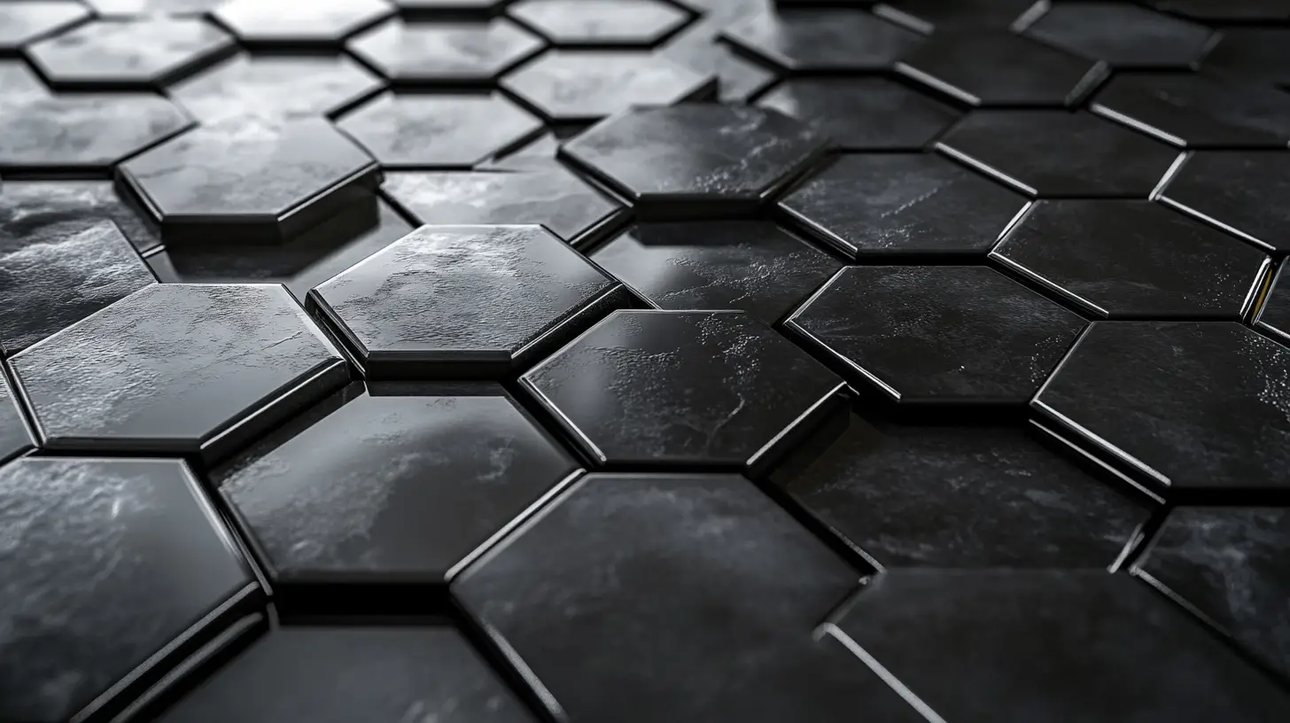 Reflektierendes 3D-Mosaik aus sechseckigen Fliesen in dunklen Tönen