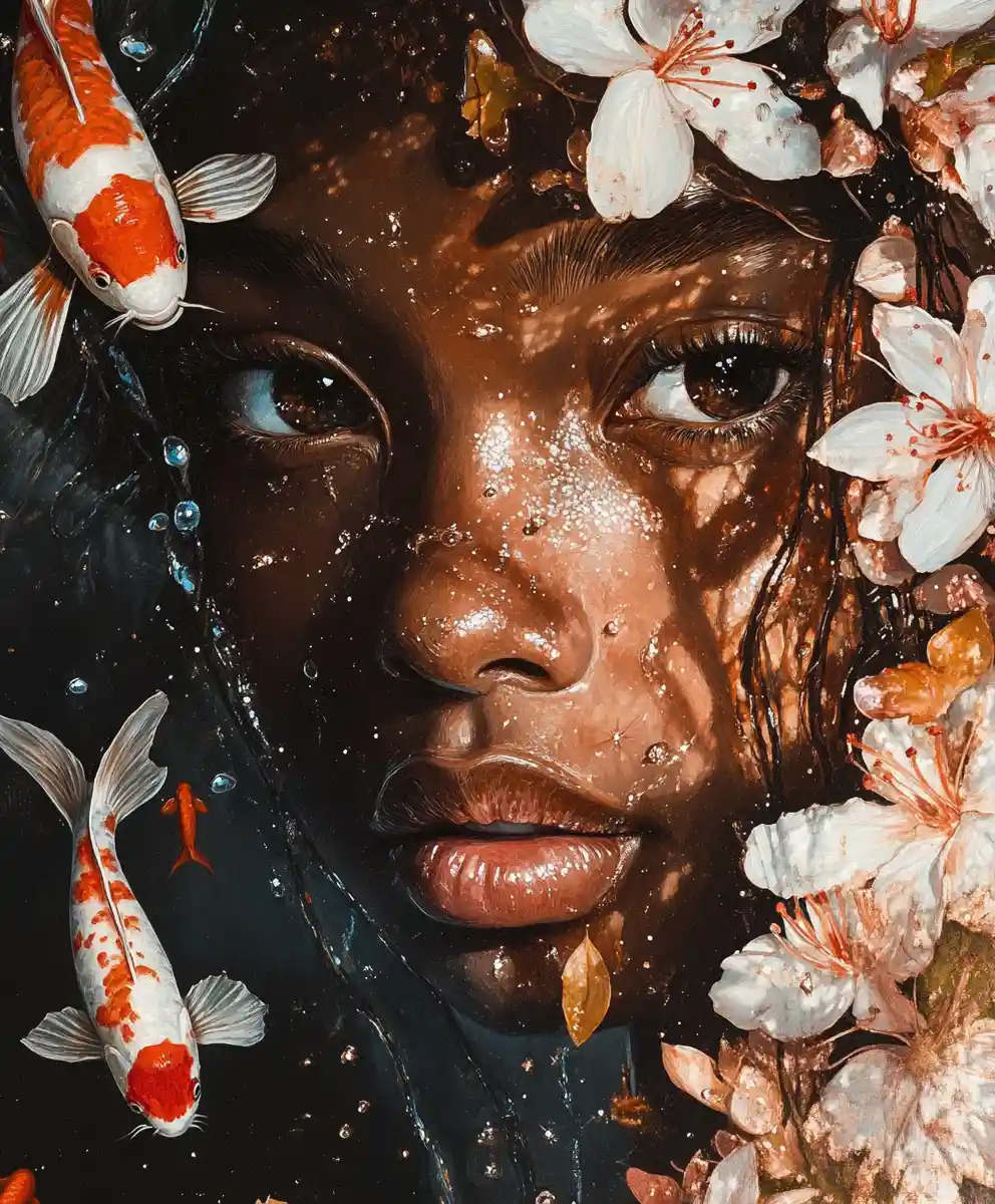 Surreal close up portrait of a girl with koi fish
