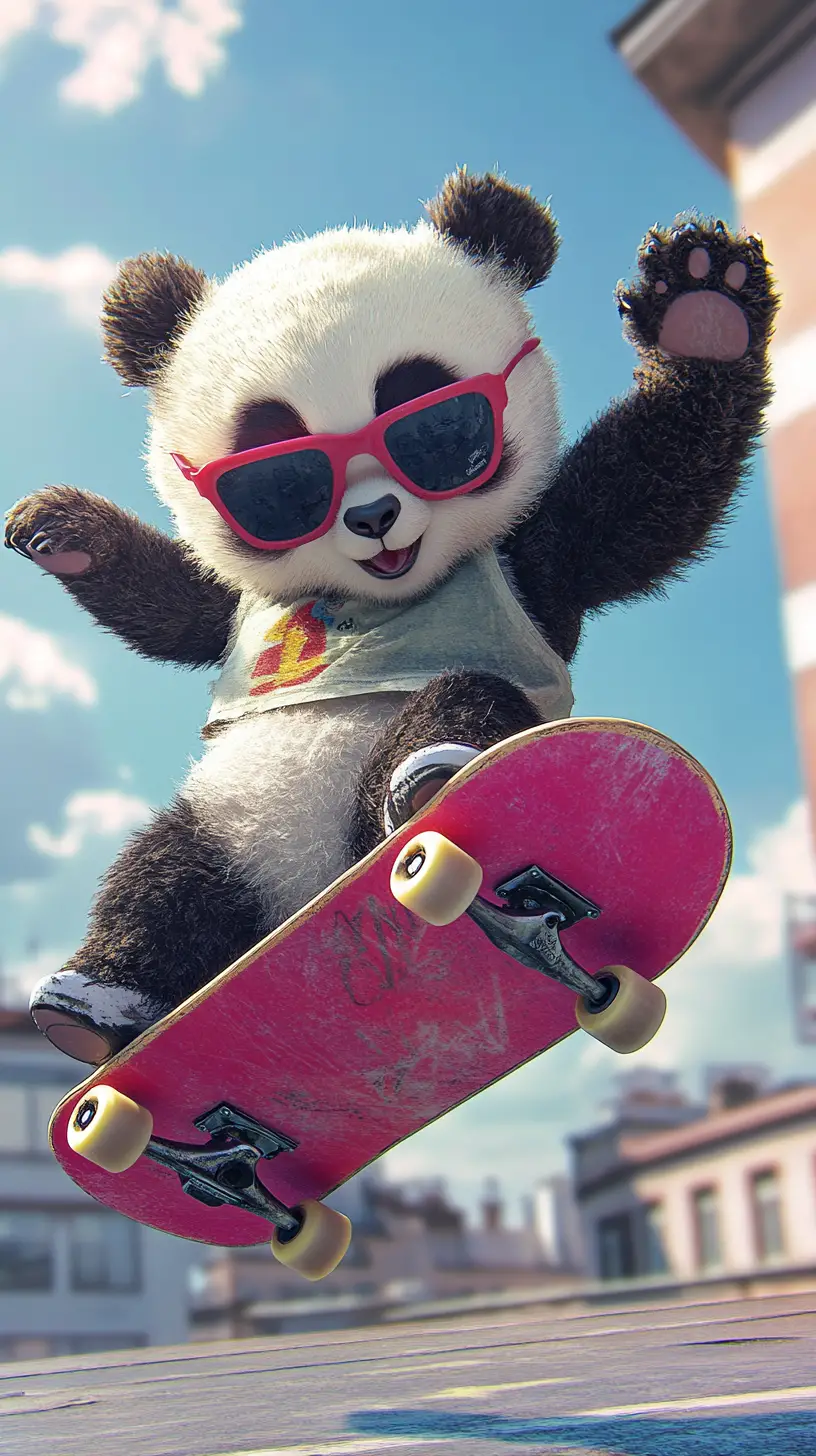 Cute panda skateboarding in a sunny urban city street