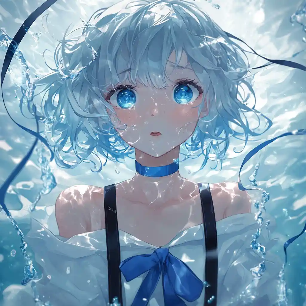 Anime girl with silver blue hair in soft dreamy light