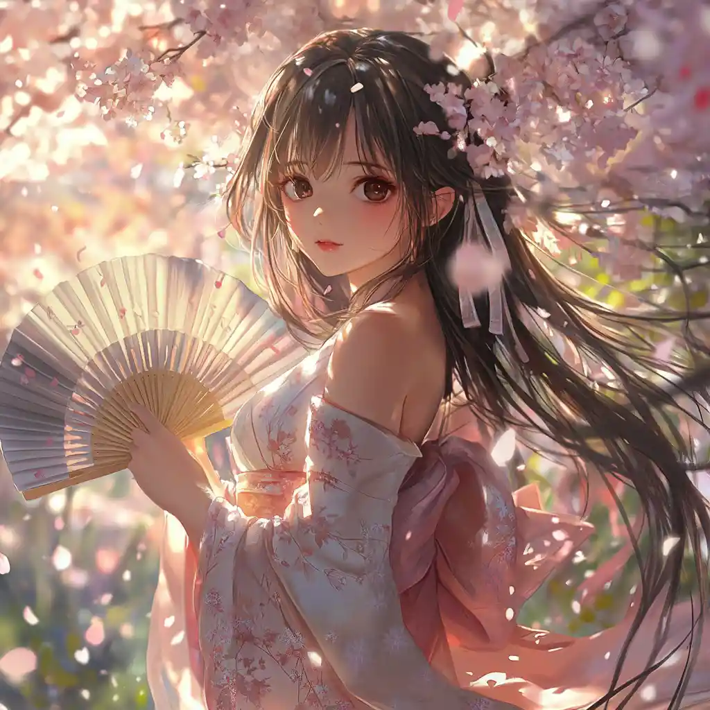 Anime girl in a cherry blossom garden with falling petals