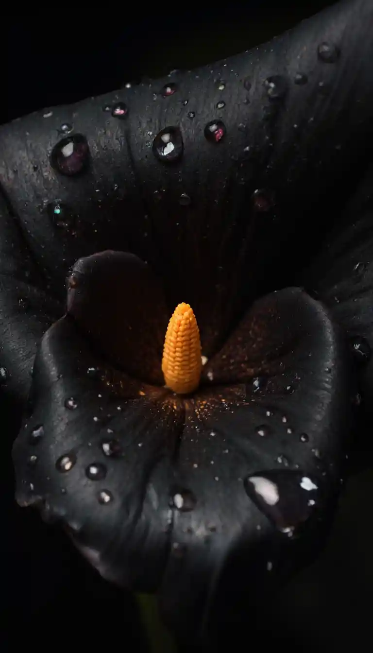 Lírio-de-calla preto em macro com gotas de água e luz