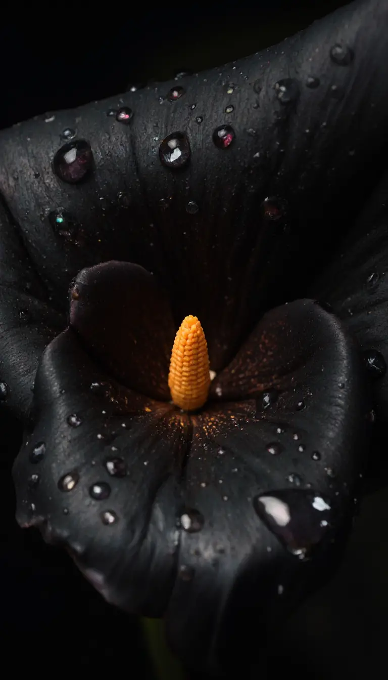 Macro black calla lily with water droplets and light
