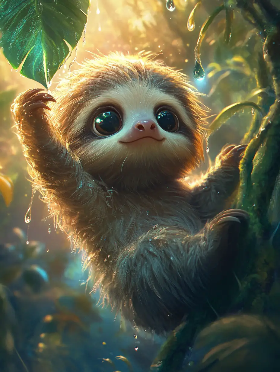 Baby sloth reaching for dewdrop in glowing rainforest