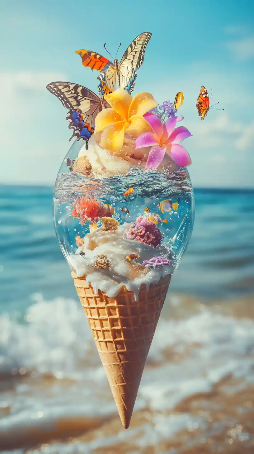 海と南国の花の超現実的なアイスクリームコーン