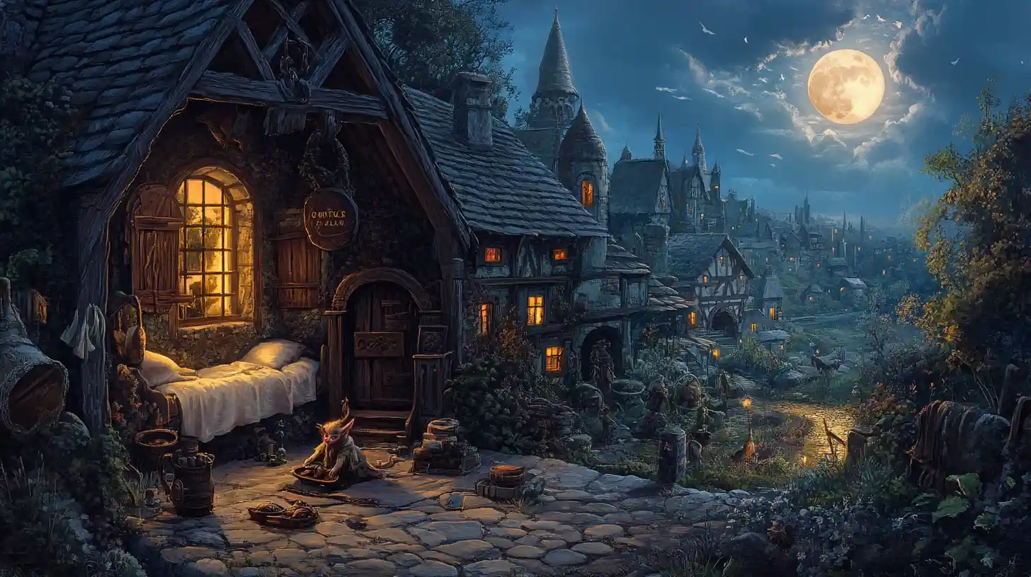 Elves Repairing Shoes In A Moonlit Fairy Tale Bedroom