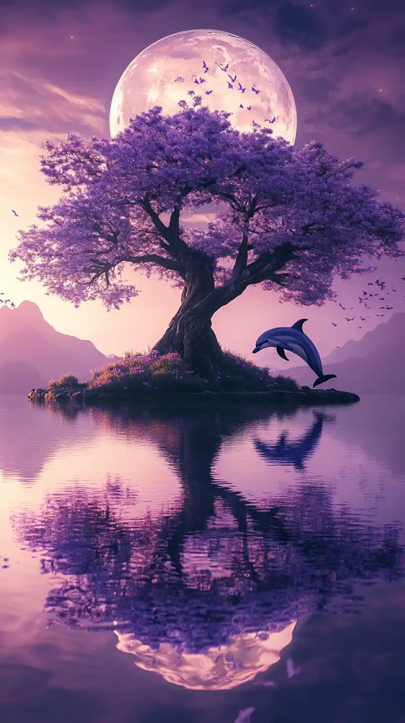 Albero viola riflesso in un lago calmo sotto la luna piena