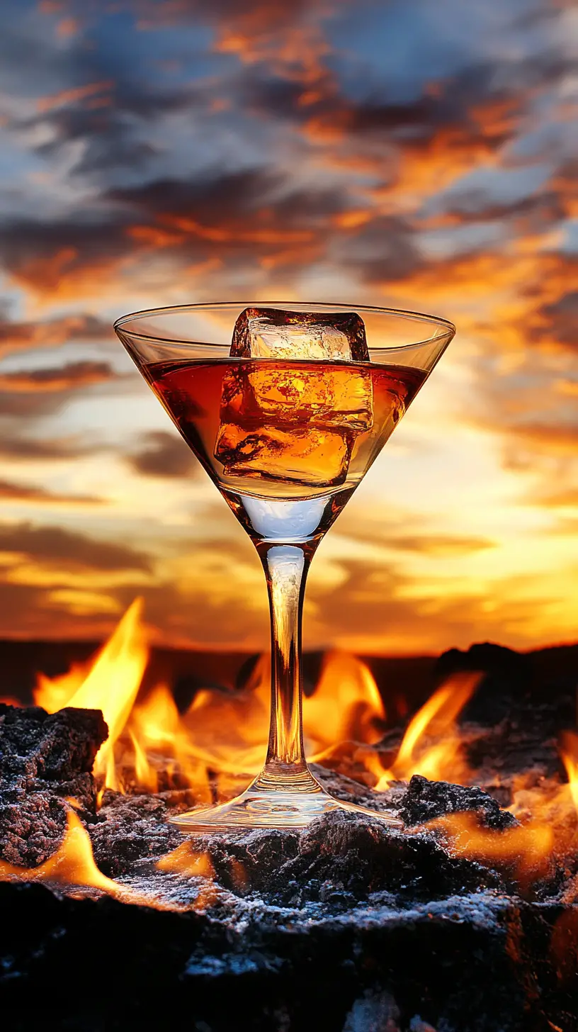 Fiery cocktail glass against glowing sunset sky