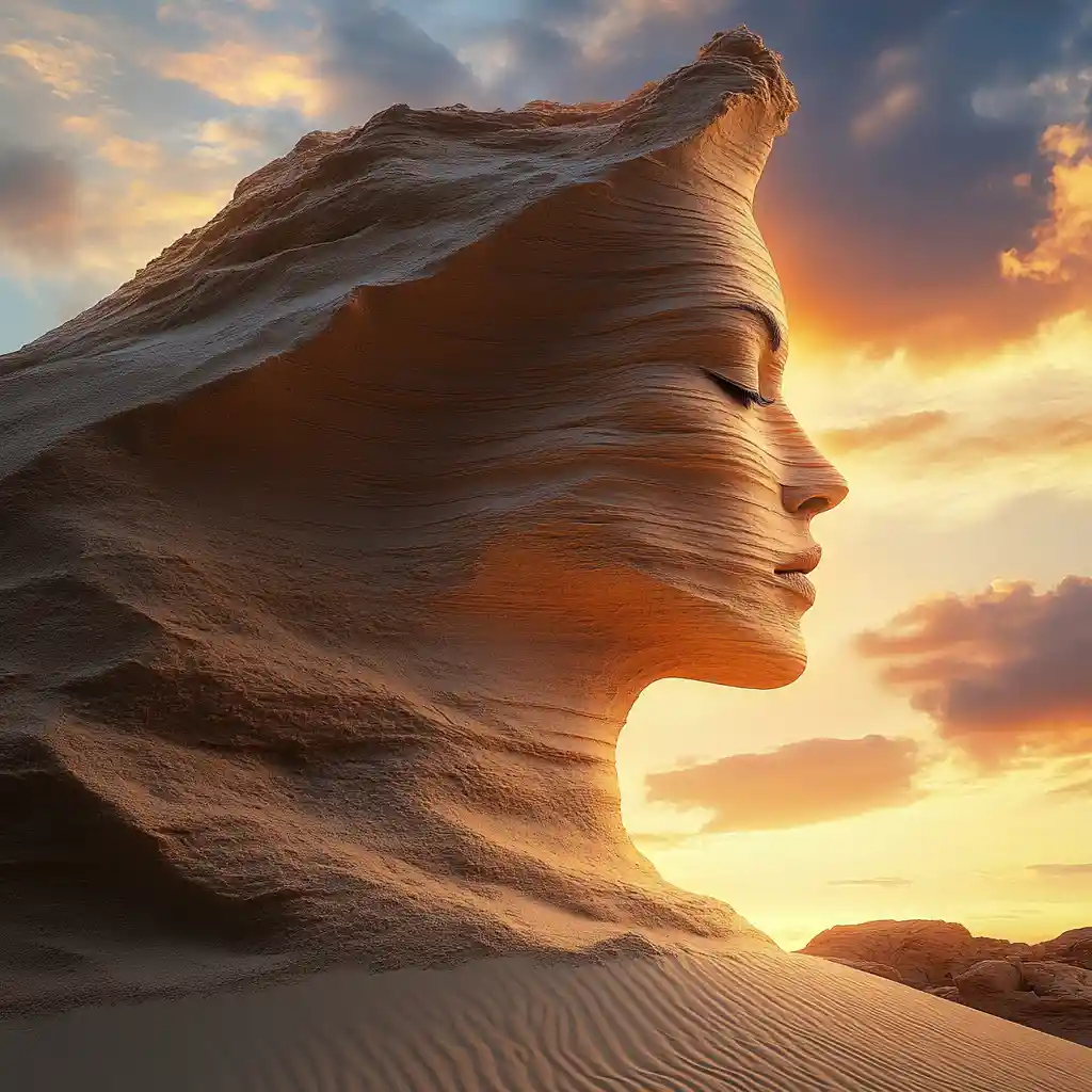 Sand dune shaped as a woman at colorful sunset