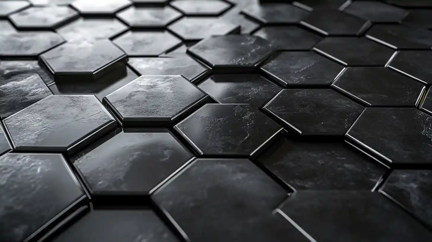 Reflective 3D hexagonal tile mosaic in dark tones