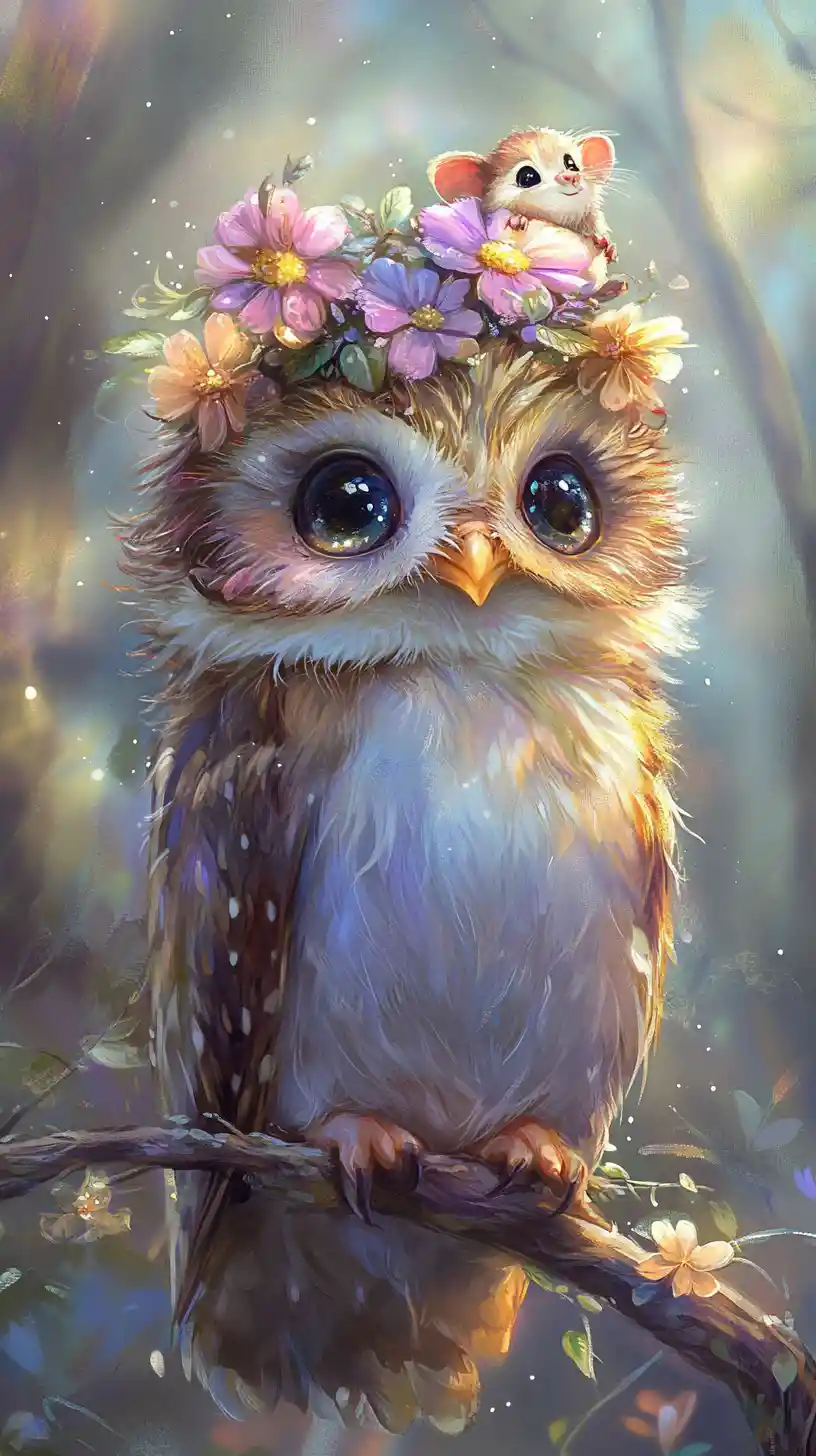 Cute baby owl with mouse in dreamy forest illustration