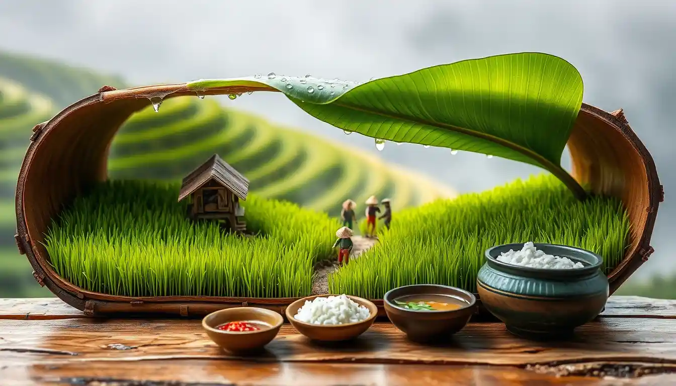 Miniature rice terrace diorama inside a bamboo container