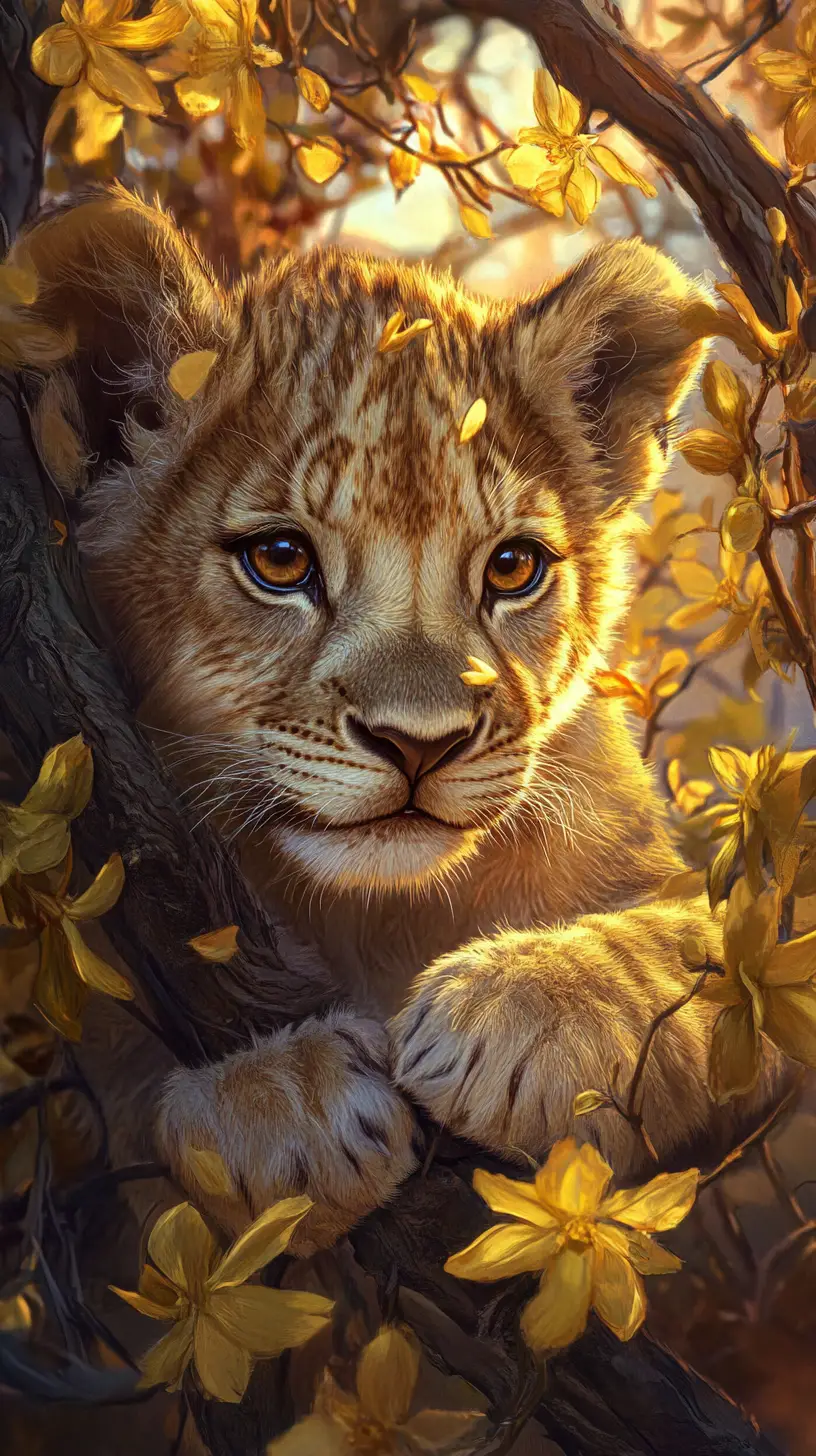 Enchanting lion cub portrait at sunset with magical light