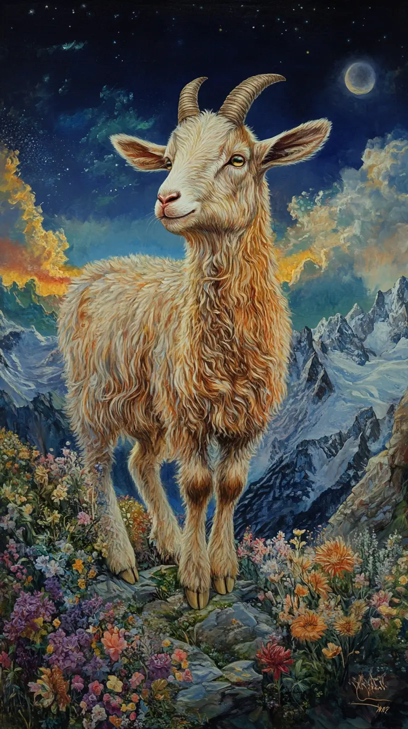 Fantasy goat standing on a peaceful alpine meadow