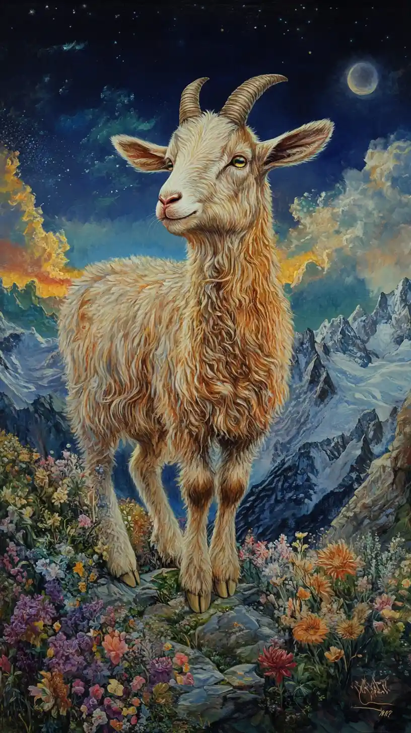 Fantasy goat standing on a peaceful alpine meadow