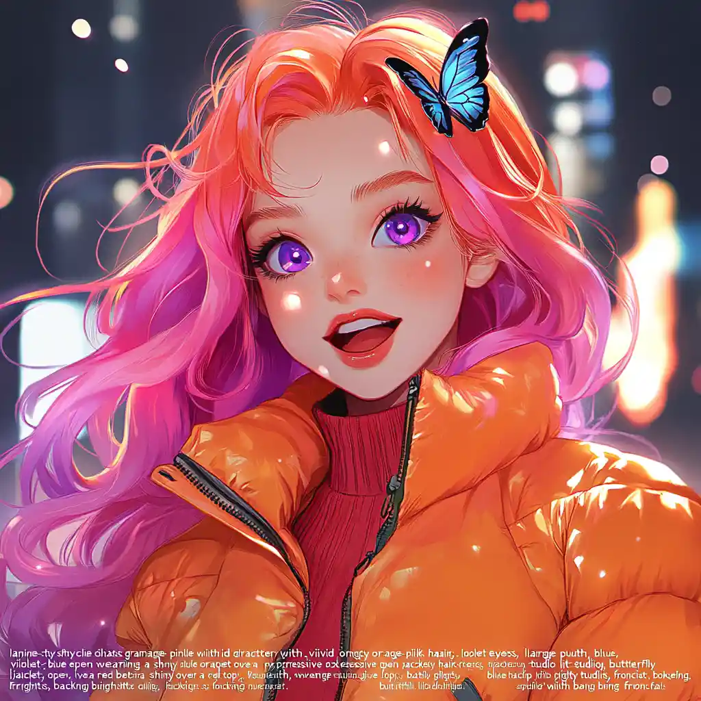 Anime girl with orange pink hair in puffer jacket