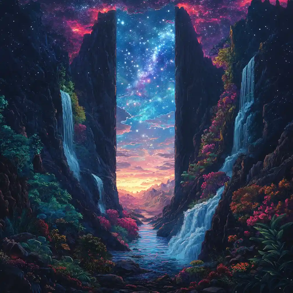 Demonic portal opening onto a heavenly mountain valley