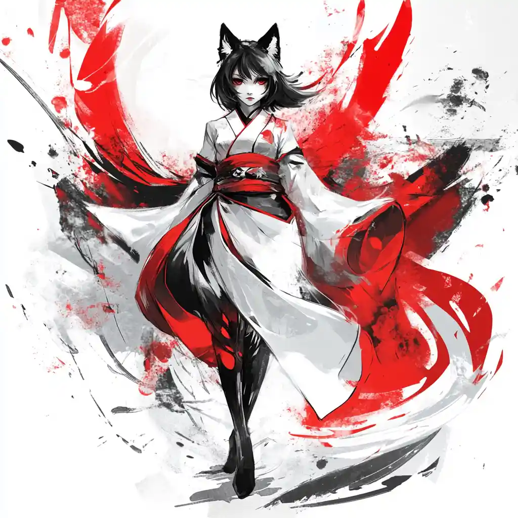 Anime fox girl in white kimono with abstract red background
