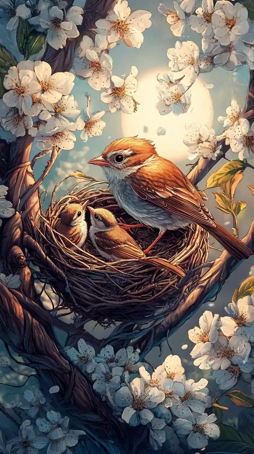 Mother bird feeding chicks in a magical blossom nest