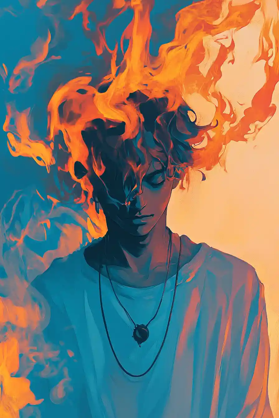 Surreal portrait hidden by flames in abstract colors