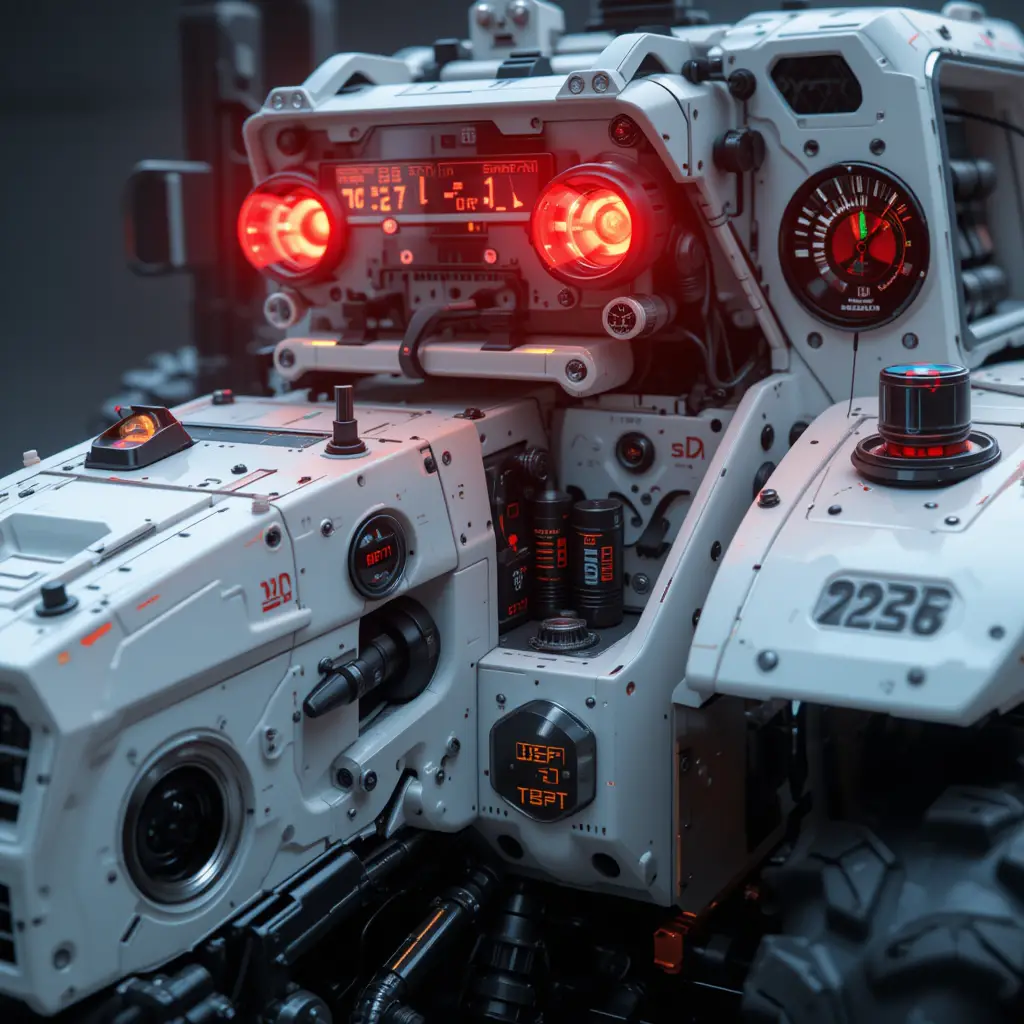 Futuristic white military tractor with illuminated tech details