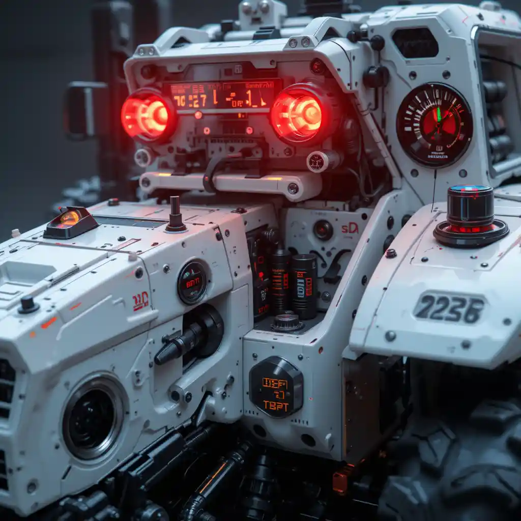 Futuristic white military tractor with illuminated tech details