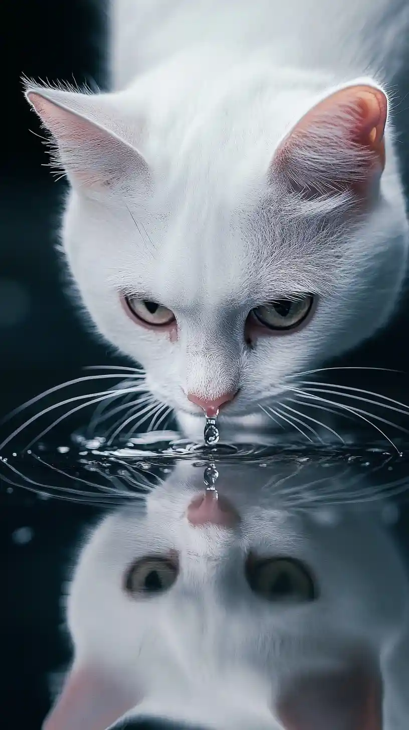 White cat drinking water in the rain with reflection