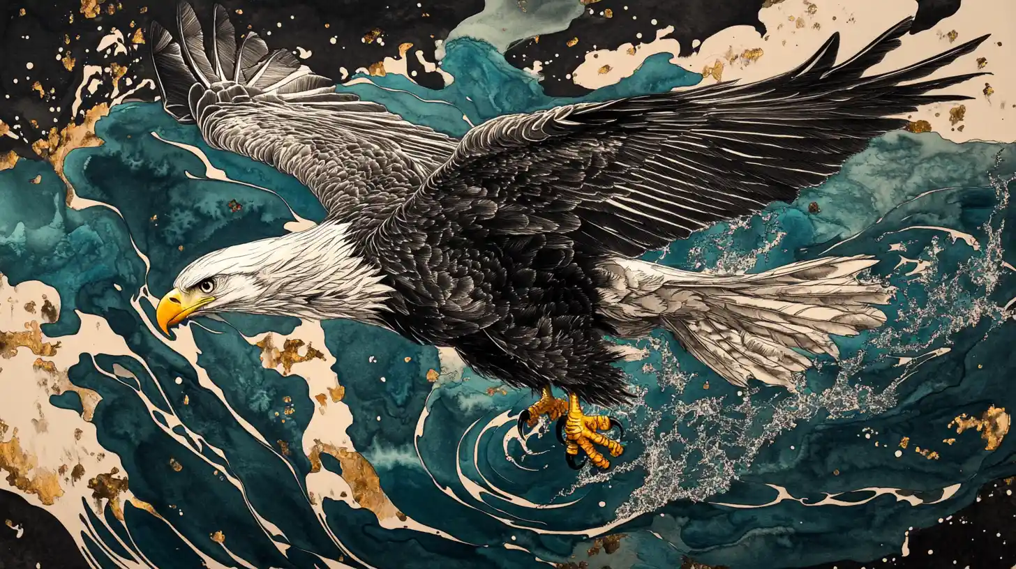 Surreal eagle gliding above reflective water illustration
