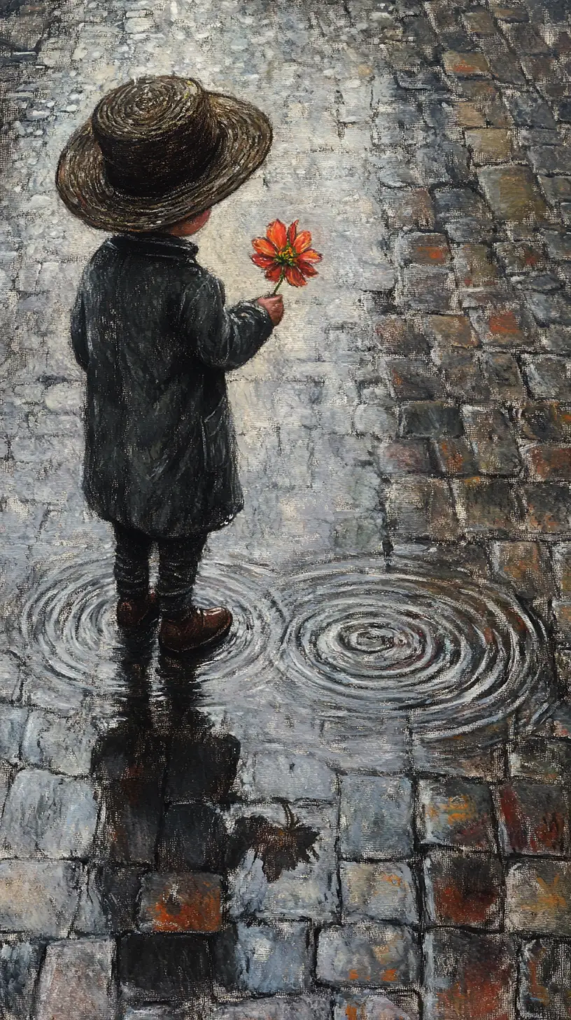 Victorian boy offering a flower on a rainy cobblestone street