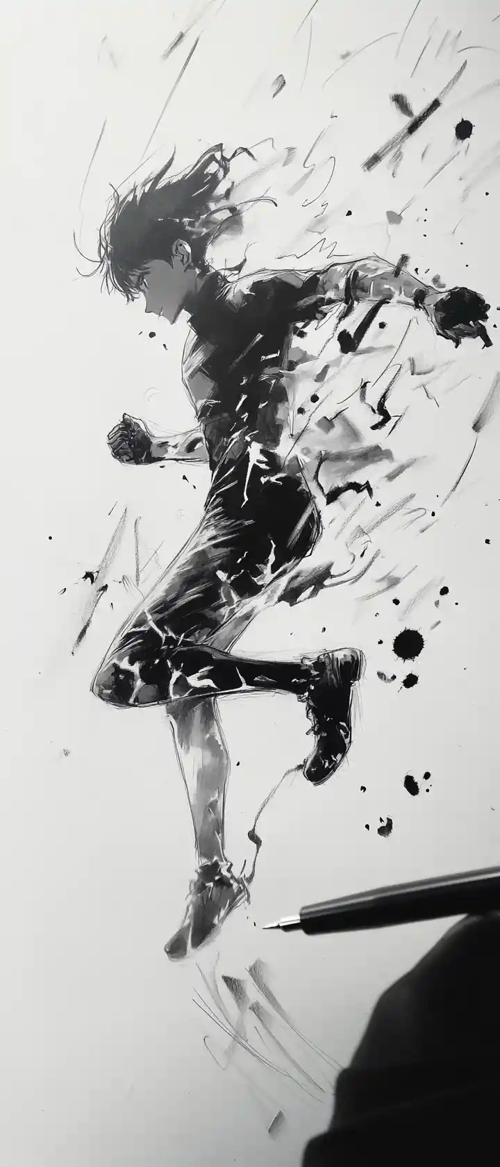 Anime hero running from pen sketch to digital life