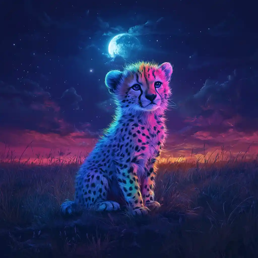 Lonely rainbow cheetah cub under the moonlit savanna sky