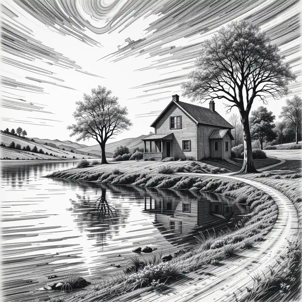 Isolated lakeside house pencil drawing with dramatic shadows