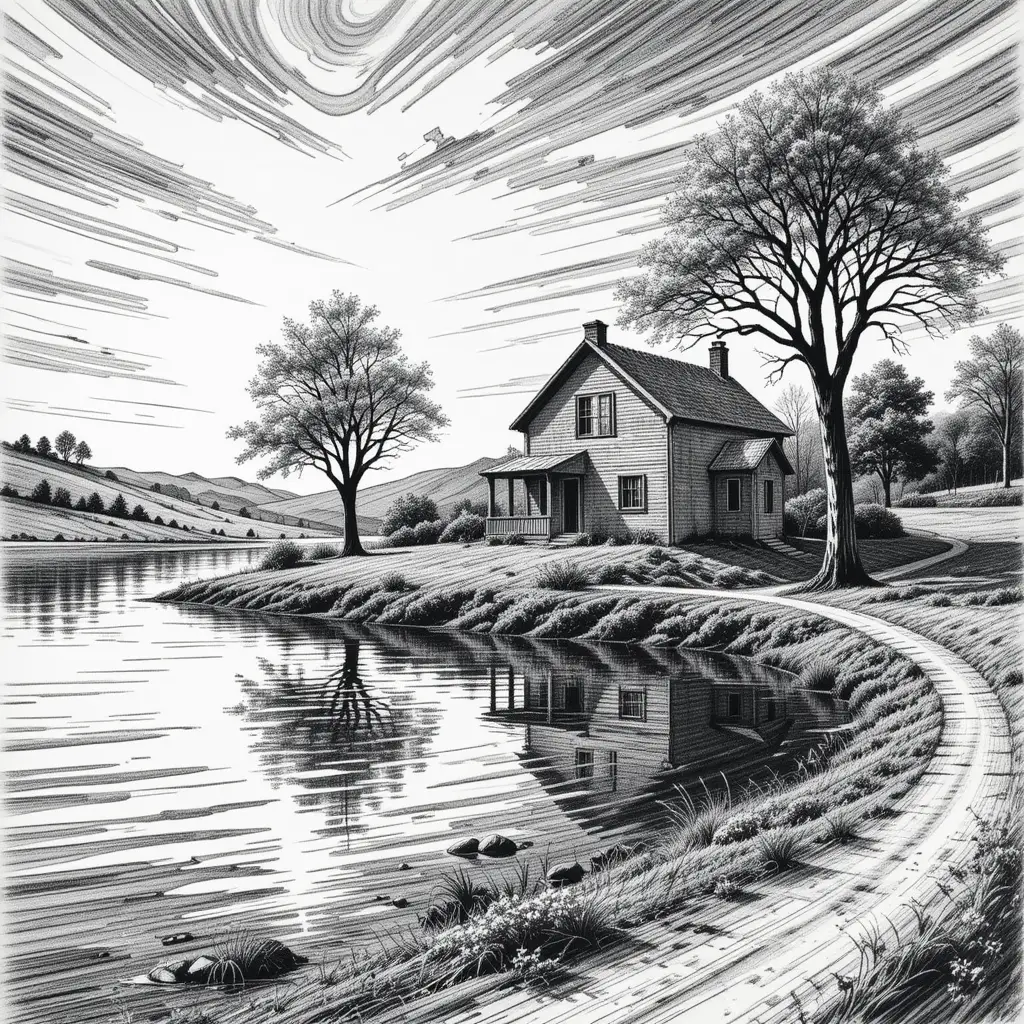 Isolated lakeside house pencil drawing with dramatic shadows