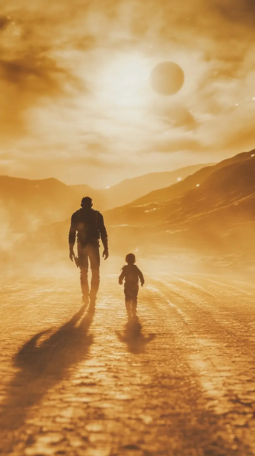 Man And Child Walking Along A Desert Road