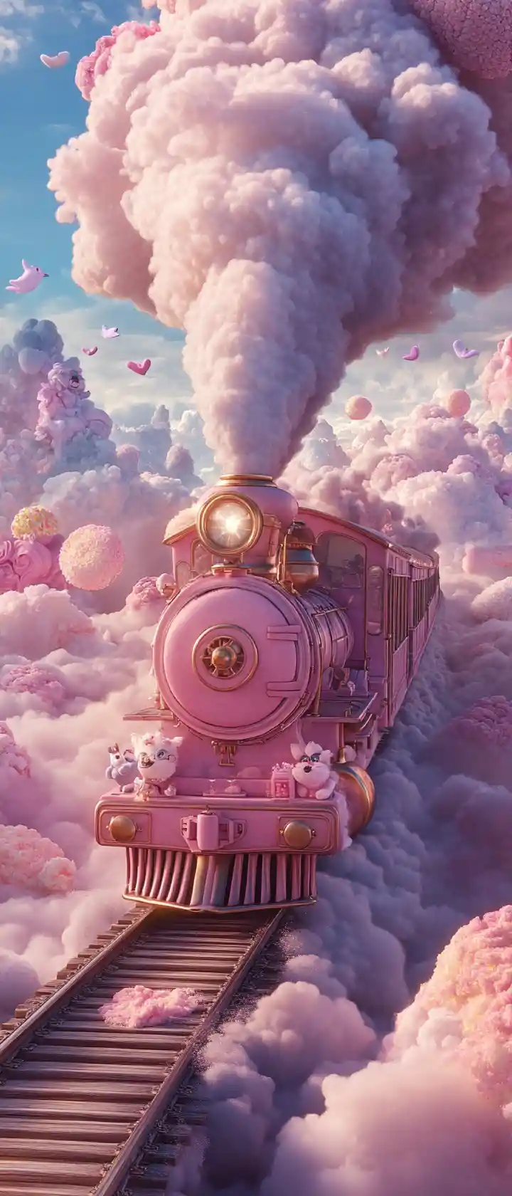 Candy train crossing fluffy cotton candy clouds with kids