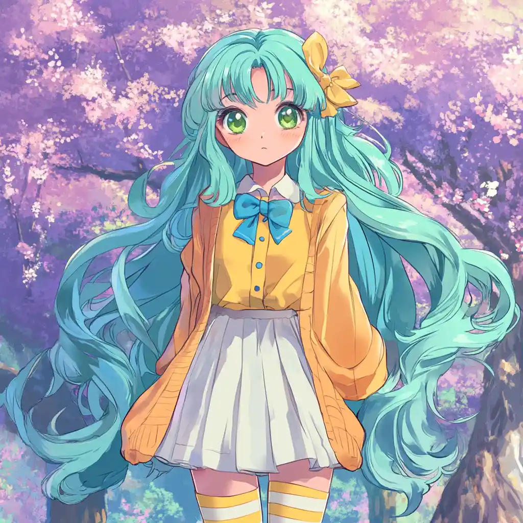 Cute anime girl in pastel outfit by a purple tree