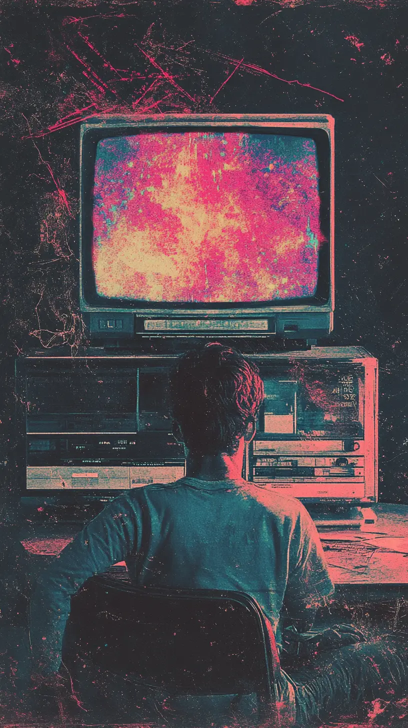 Retro vhs style glitch screen with doodles and notes