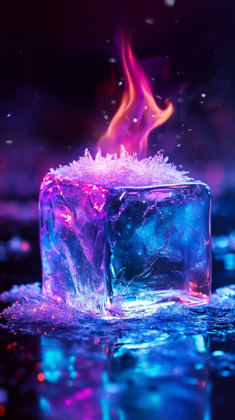 Glowing Ice Cube With Flame On Dark Reflective Surface
