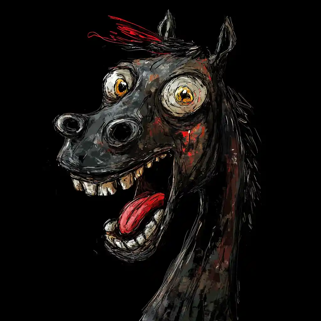 Colorful digital horse head with open mouth on black