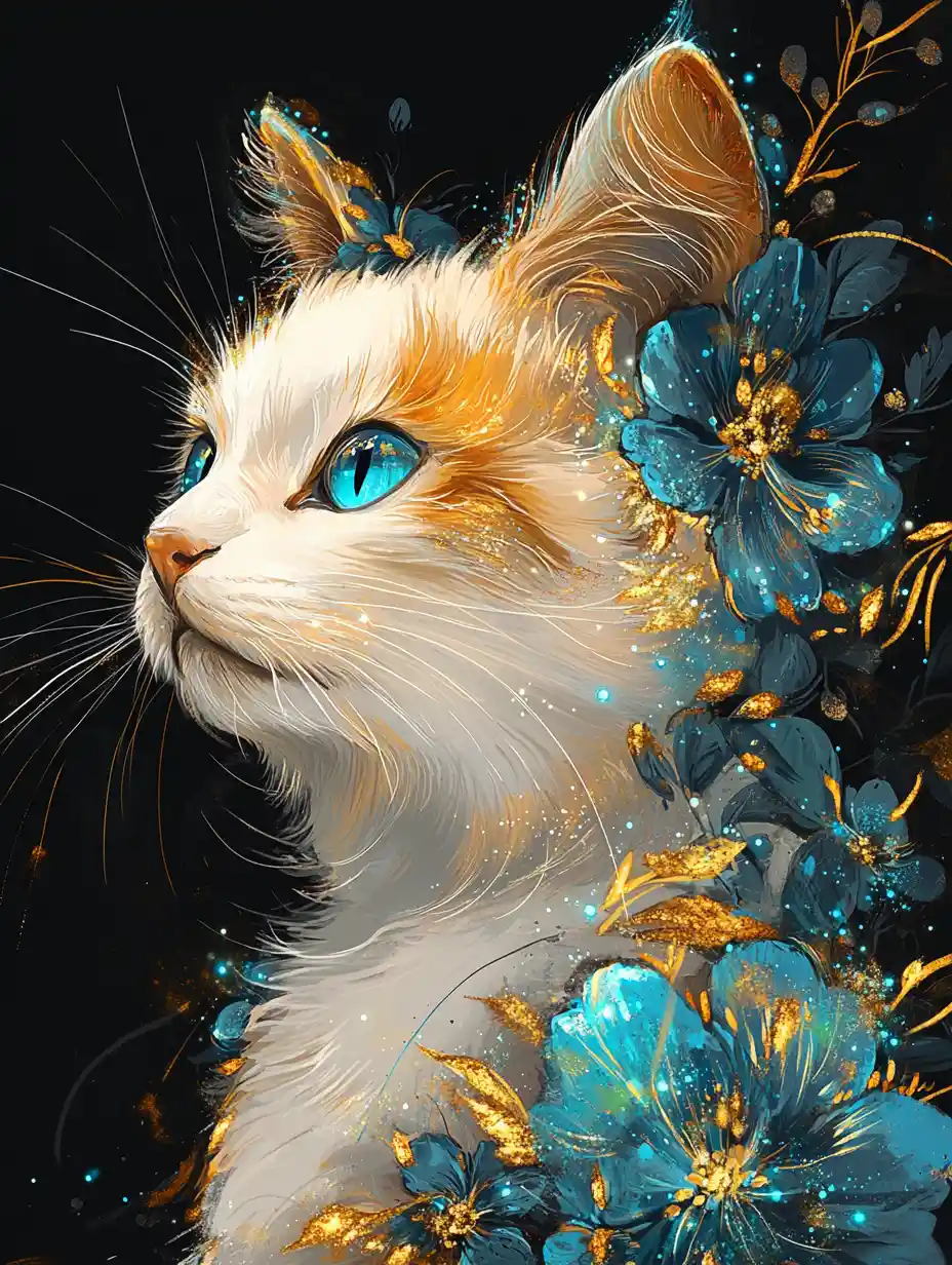 White and orange cat with glowing blue and gold flowers