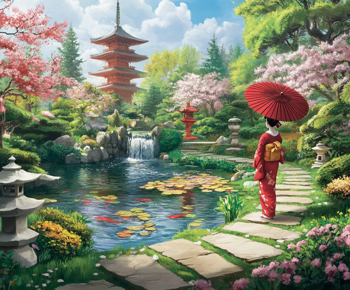 Geisha In Red Kimono Walking Through Japanese Garden