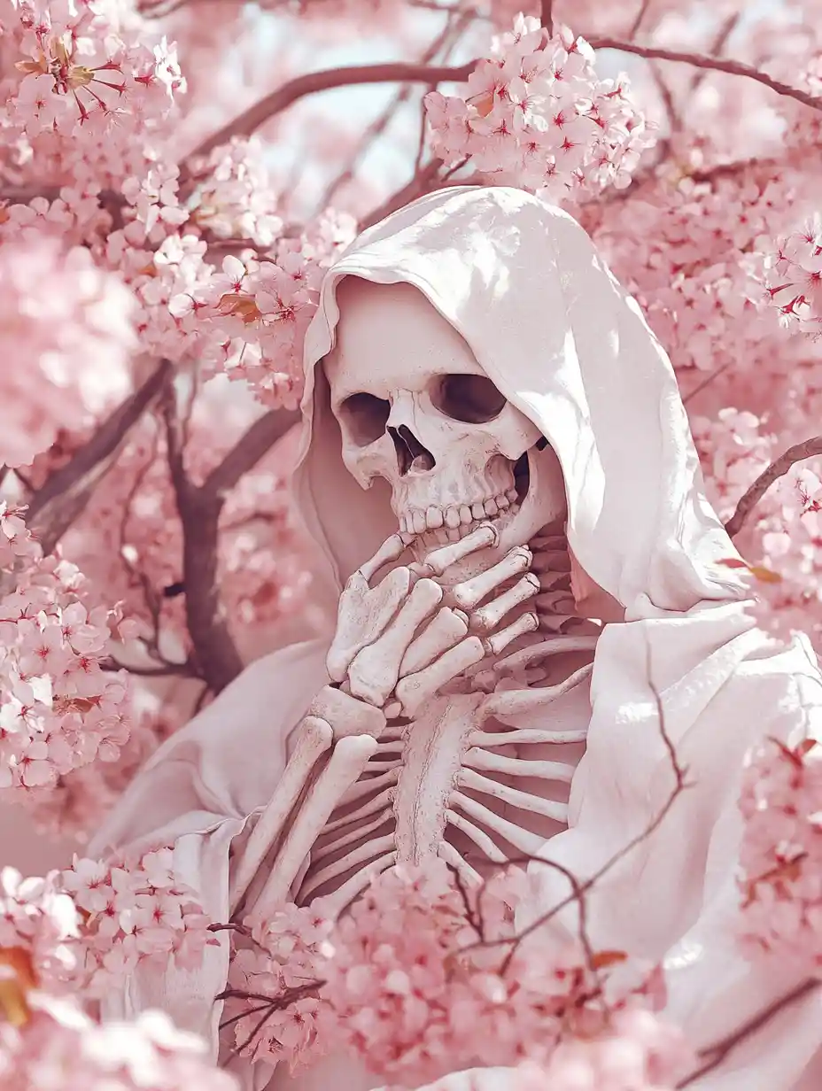 Skeleton in white robe among dreamy cherry blossoms