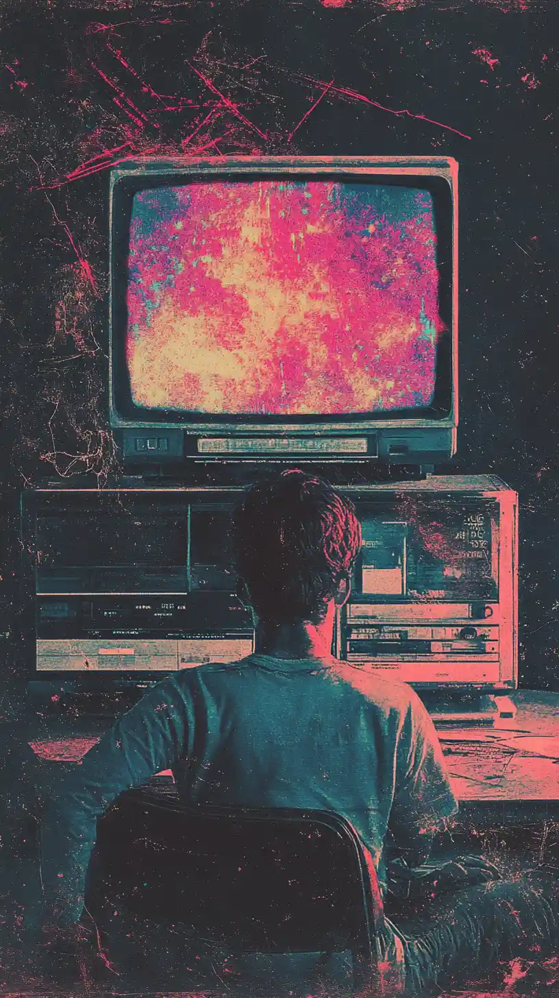Retro vhs style glitch screen with doodles and notes