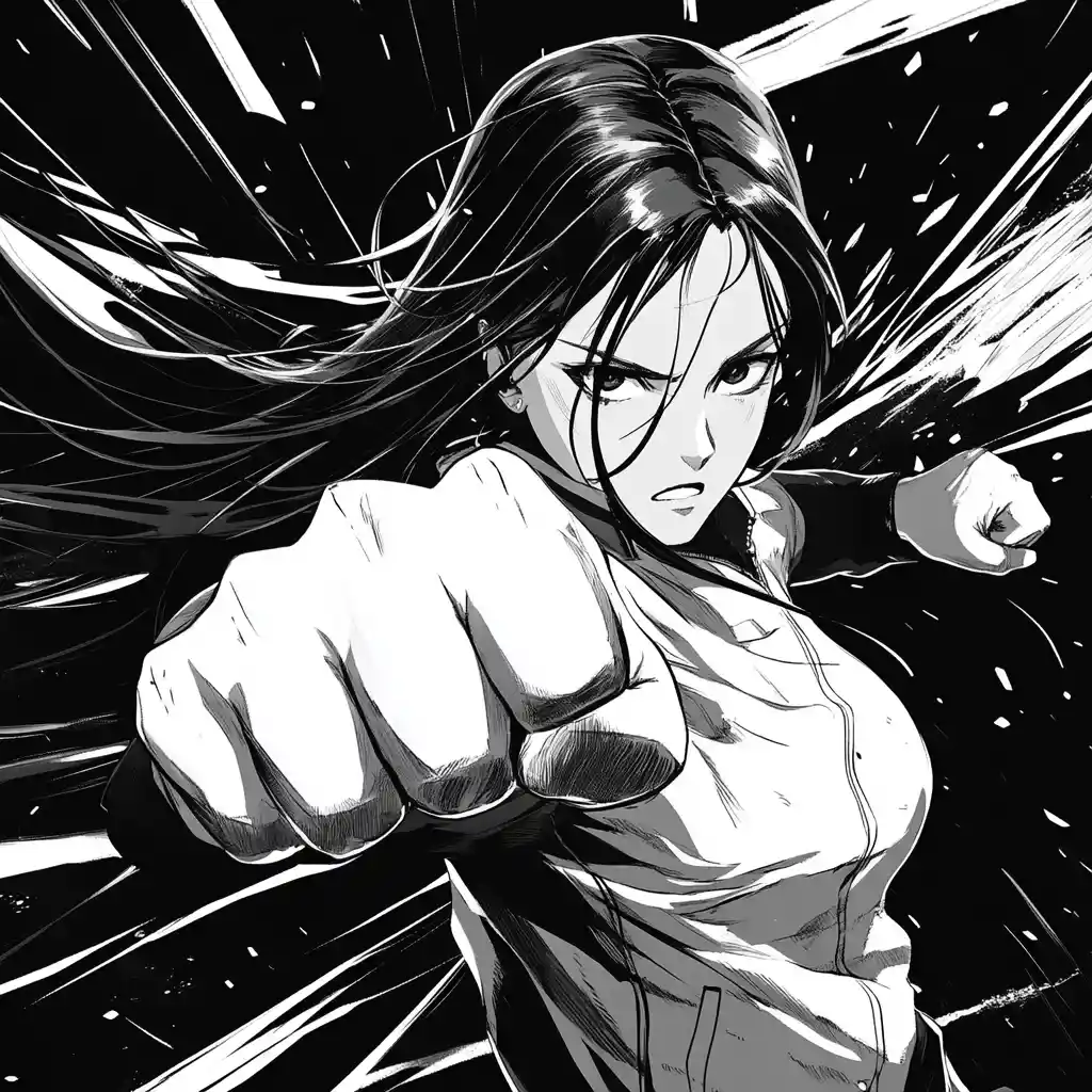 Anime girl in tracksuit ready to fight in monochrome