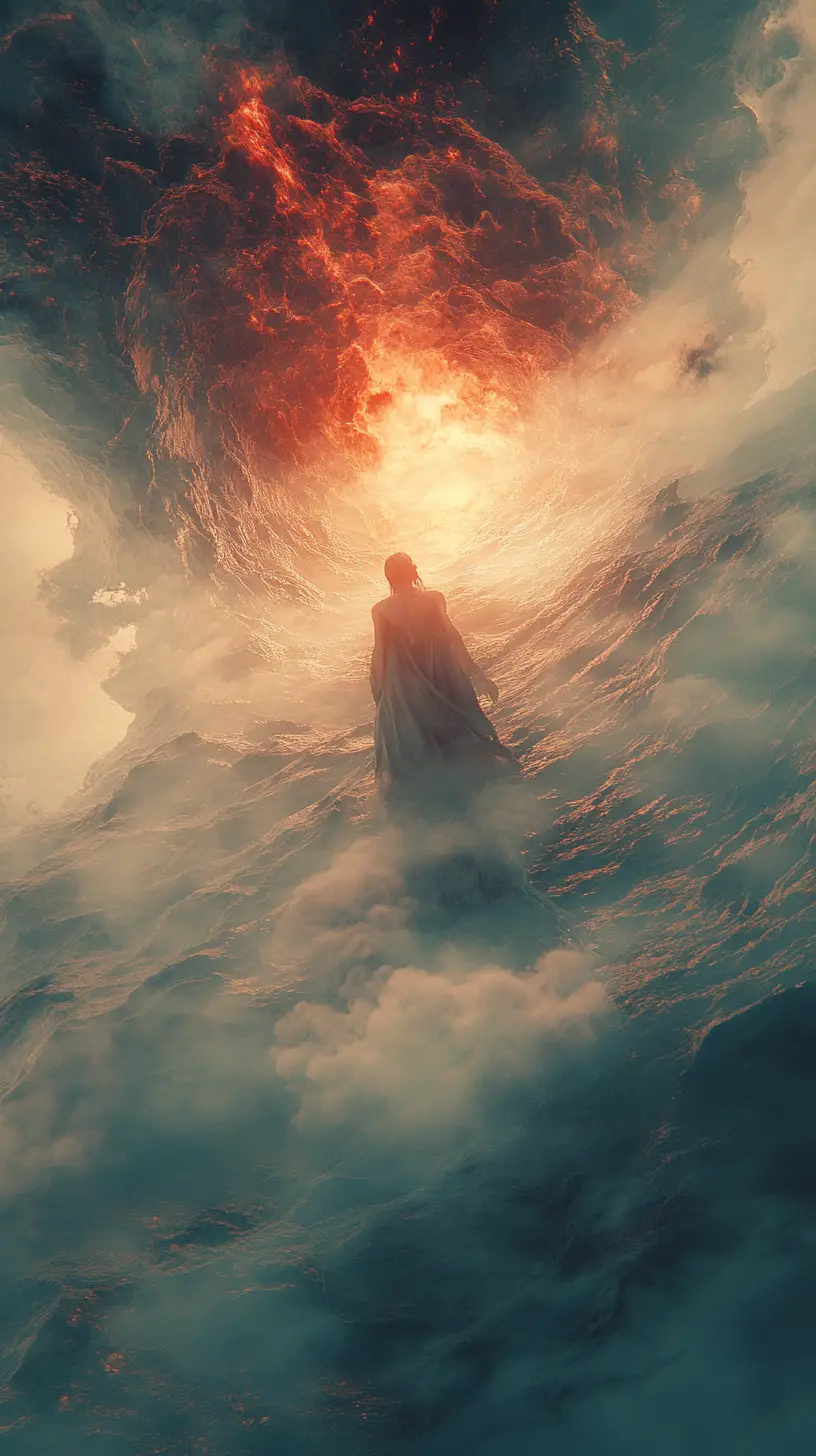 Cherubic demon emerging in a glowing celestial landscape