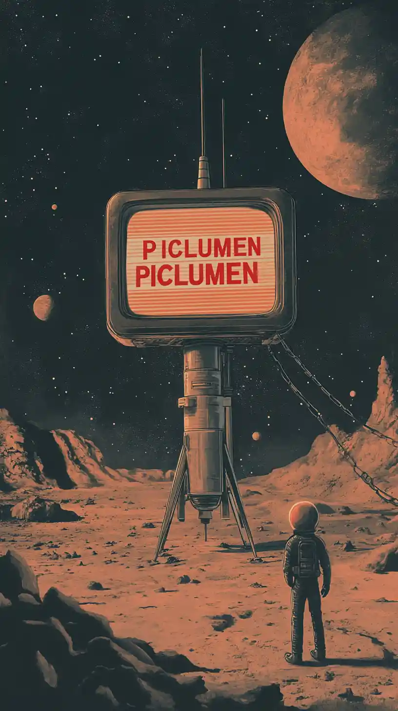 Paysage alien en style VHS avec fusée au crépuscule