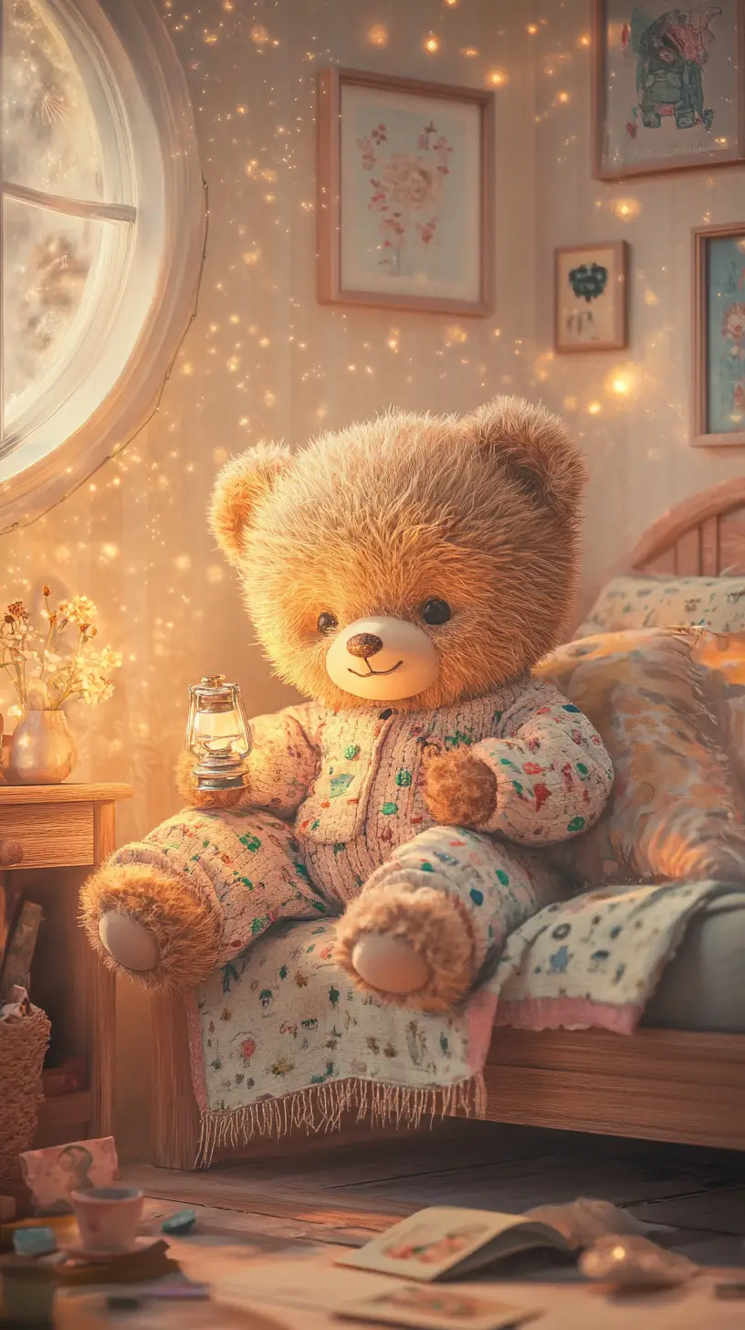 Cozy Teddy Bear In Bedtime Storybook Bedroom Scene