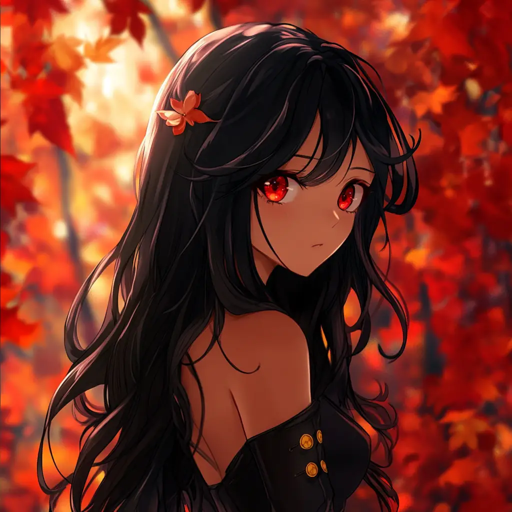 Anime girl with black hair among autumn leaves