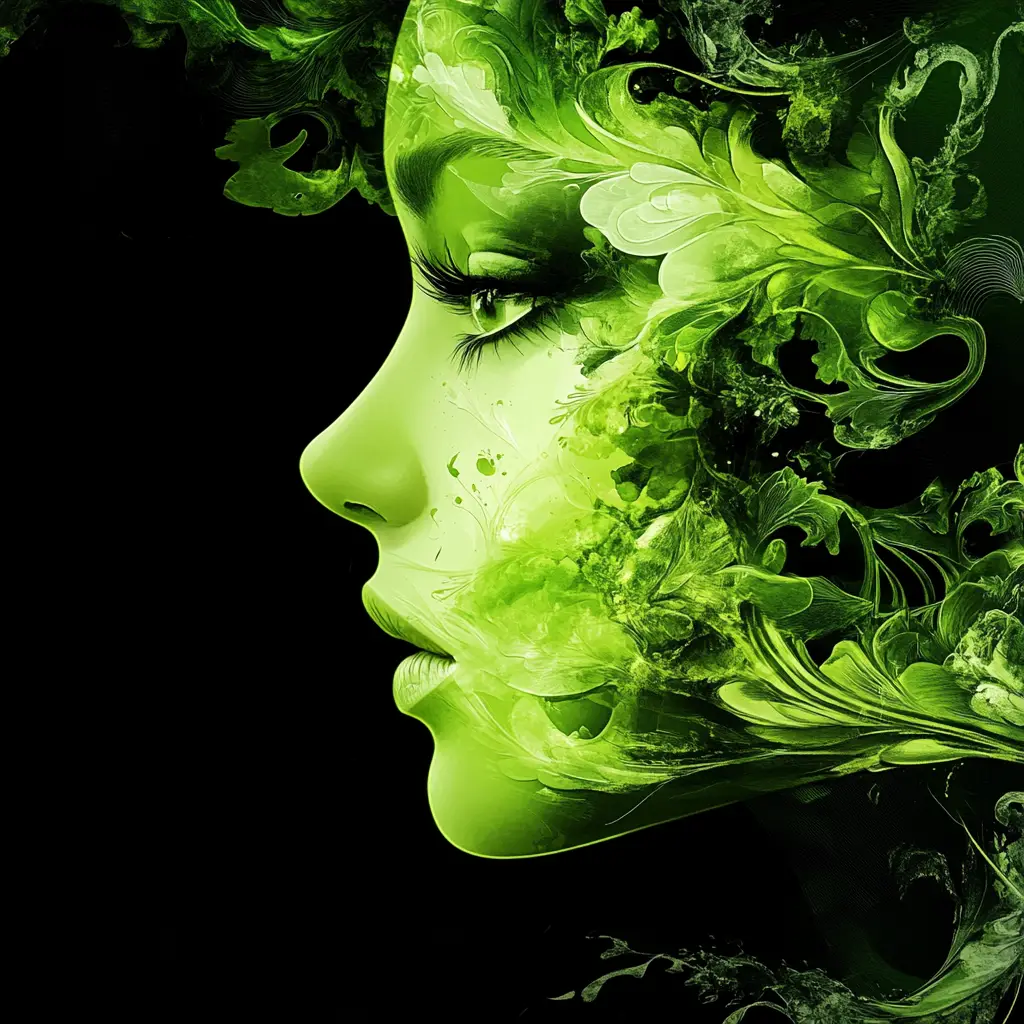 Ethereal female spirit rising from surreal flames and shadows
